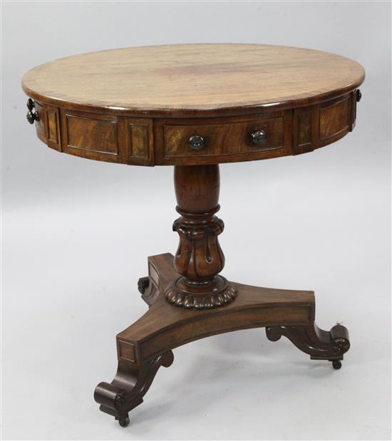 A William IV crossbanded mahogany drum top table, W.2ft 6in. H.2ft 5in.
